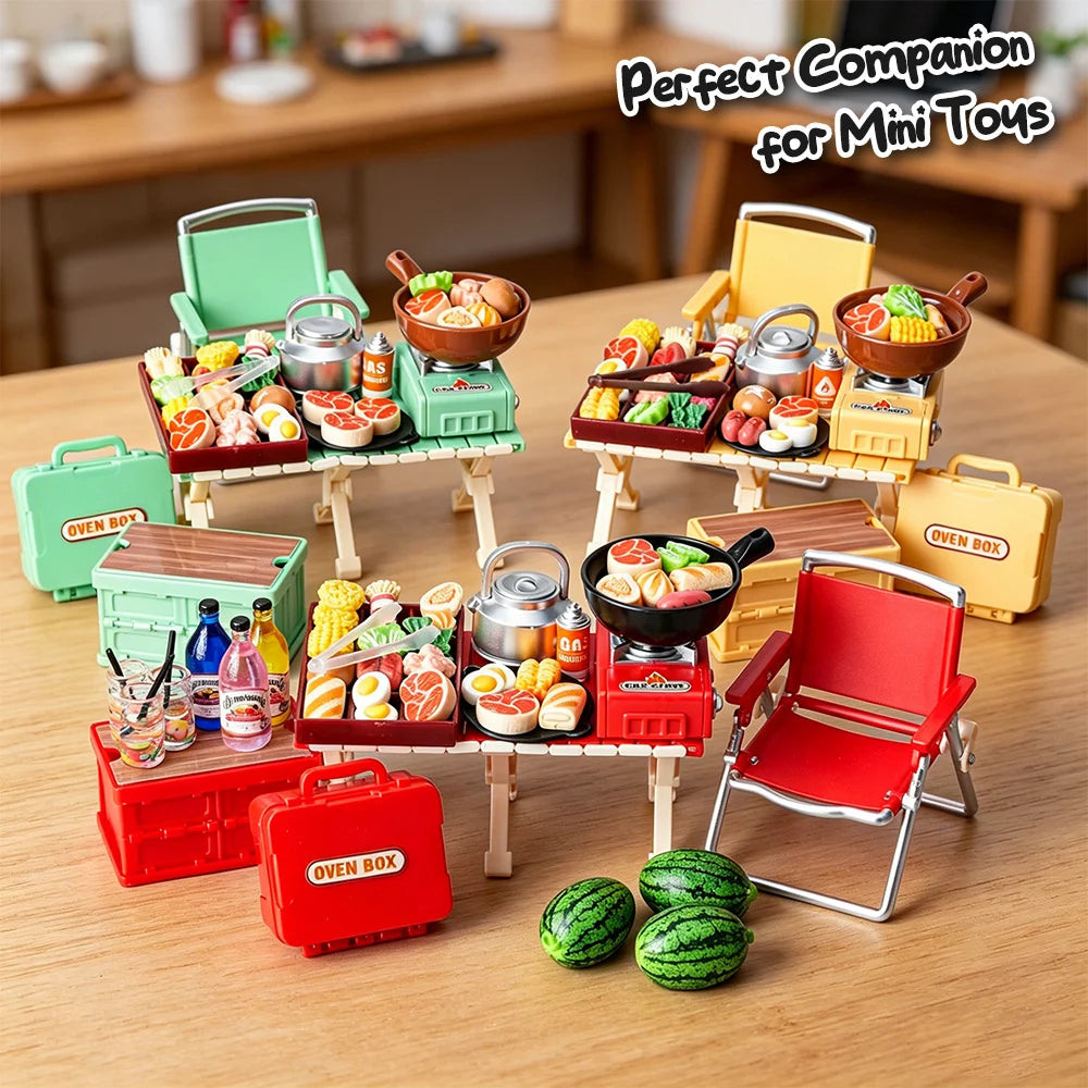 A collection of miniature food items and accessories displayed in various colored boxes and on a wooden table.
