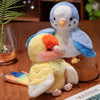 A cute parrot plush finger puppet with yellow and white feathers and blue accents resting on a wooden surface.