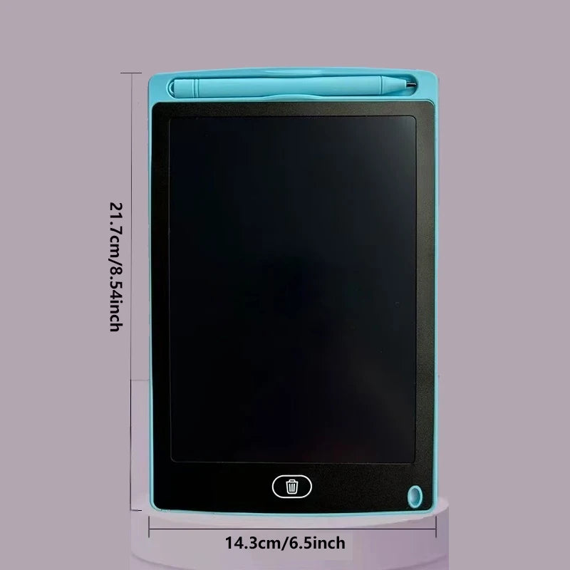 A teal reusable LCD writing tablet with a black screen and light blue casing.