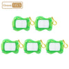 Five green mini magnetic drawing board keychains with attached yellow strings and stylus