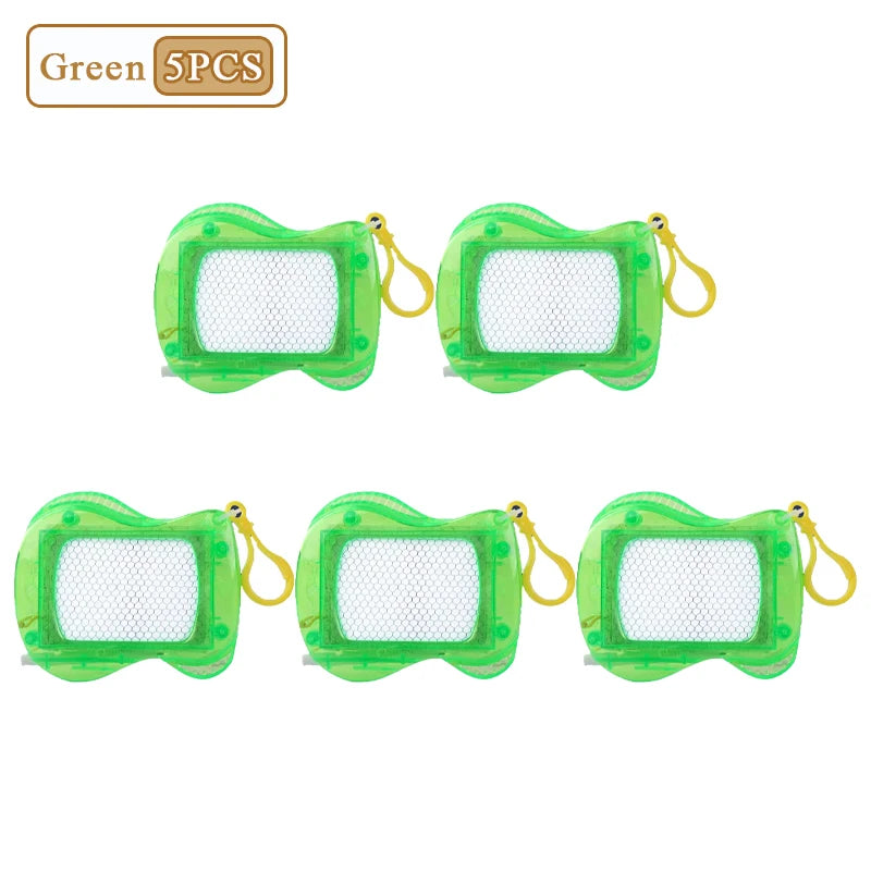 Five green mini magnetic drawing board keychains with attached yellow strings and stylus