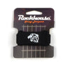 Black leather string dampener with a white lion head design and mounting slots.