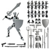 A magnetic multi-jointed action figure building set featuring a figure, various weapons, and armor pieces.