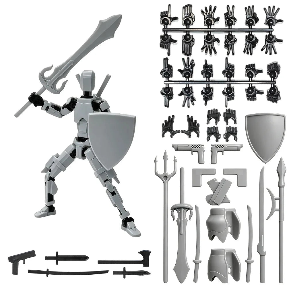 A magnetic multi-jointed action figure building set featuring a figure, various weapons, and armor pieces.