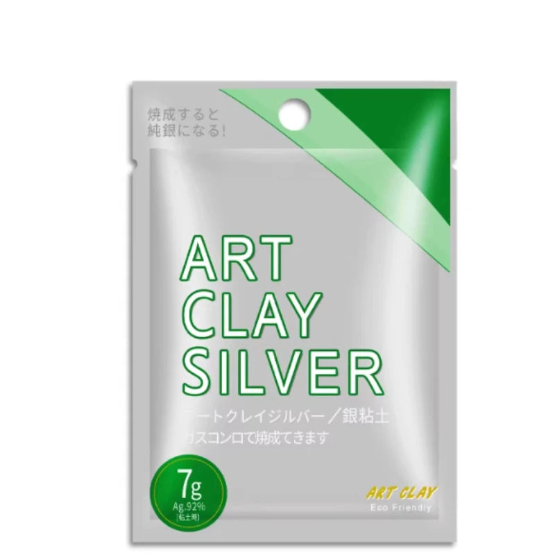 A silver art clay product package with a green label and text indicating it can be molded.
