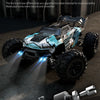 A black and blue monster truck RC car with upgraded metal differentials and bright LED headlights.