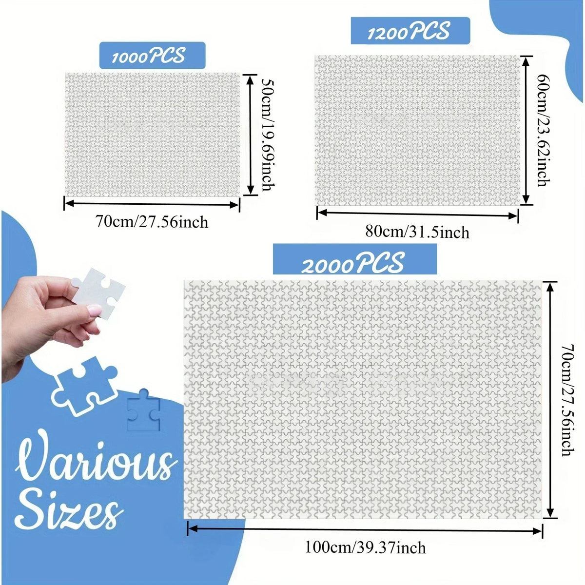 Various sizes of jigsaw puzzles featuring a gray and white pattern, including 1000, 1200, and 2000 pieces.