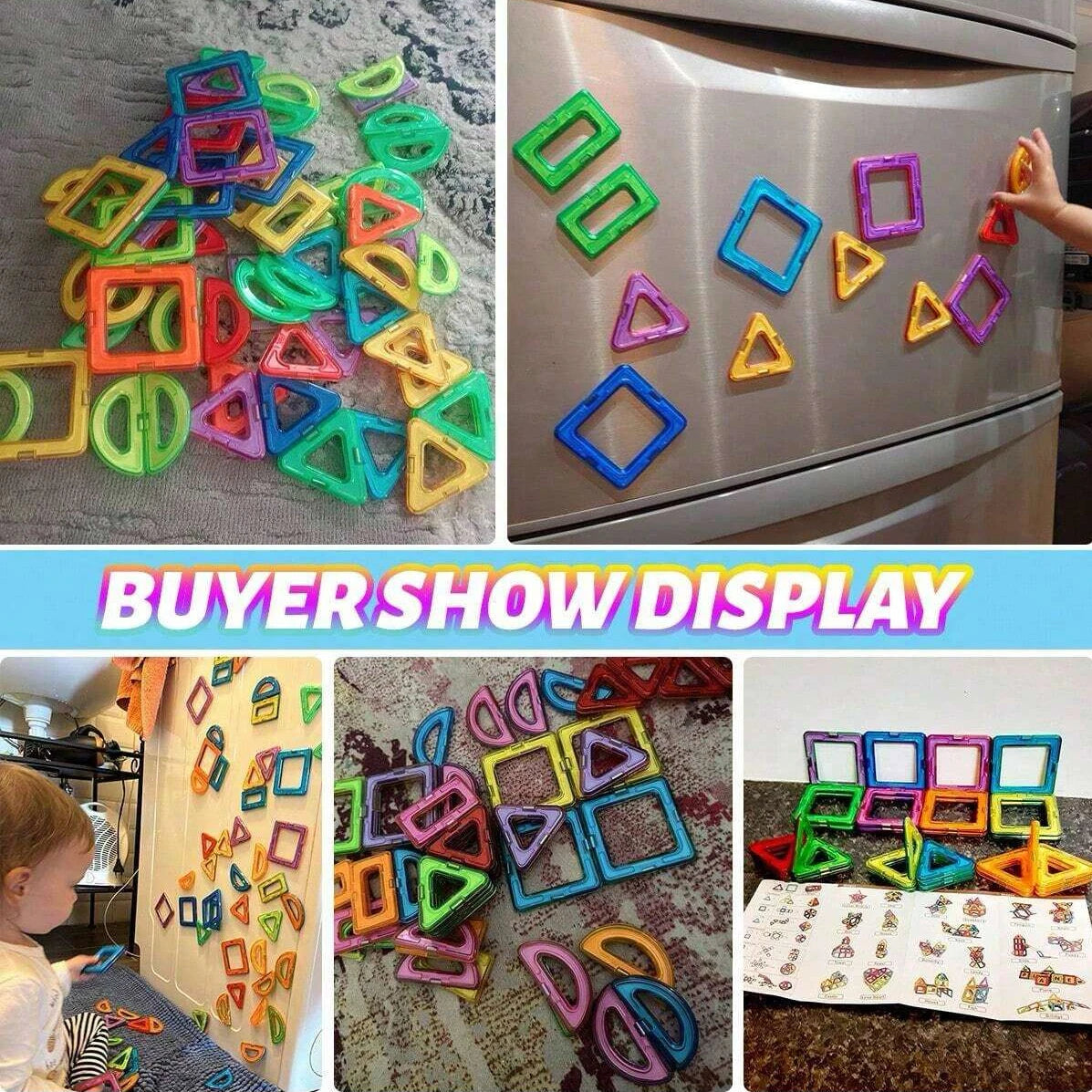 A display of colorful magnetic building blocks and a silver magnetic storage box.