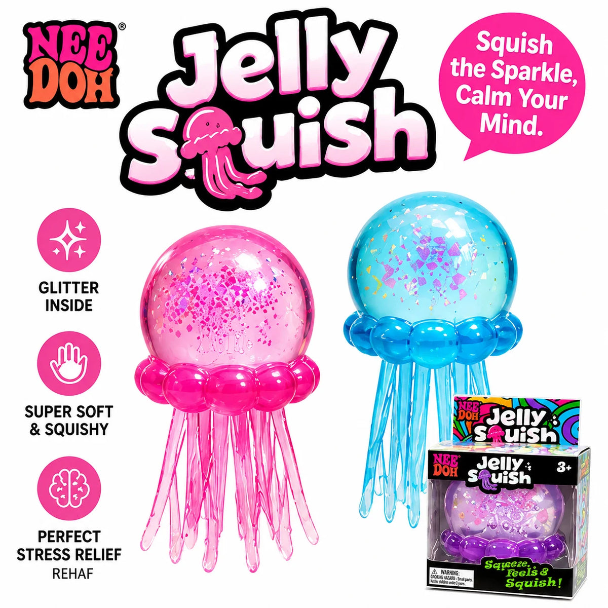 A pink jelly squish sensory toy with purple tentacles and glitter inside.