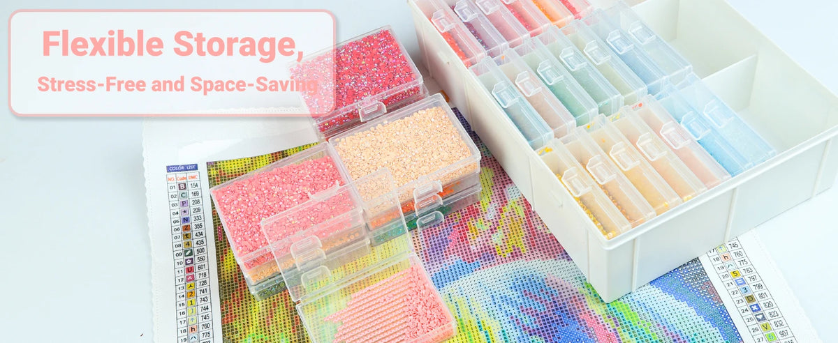 Diamond painting storage trays with lids and an organizer rack showing various colored beads.
