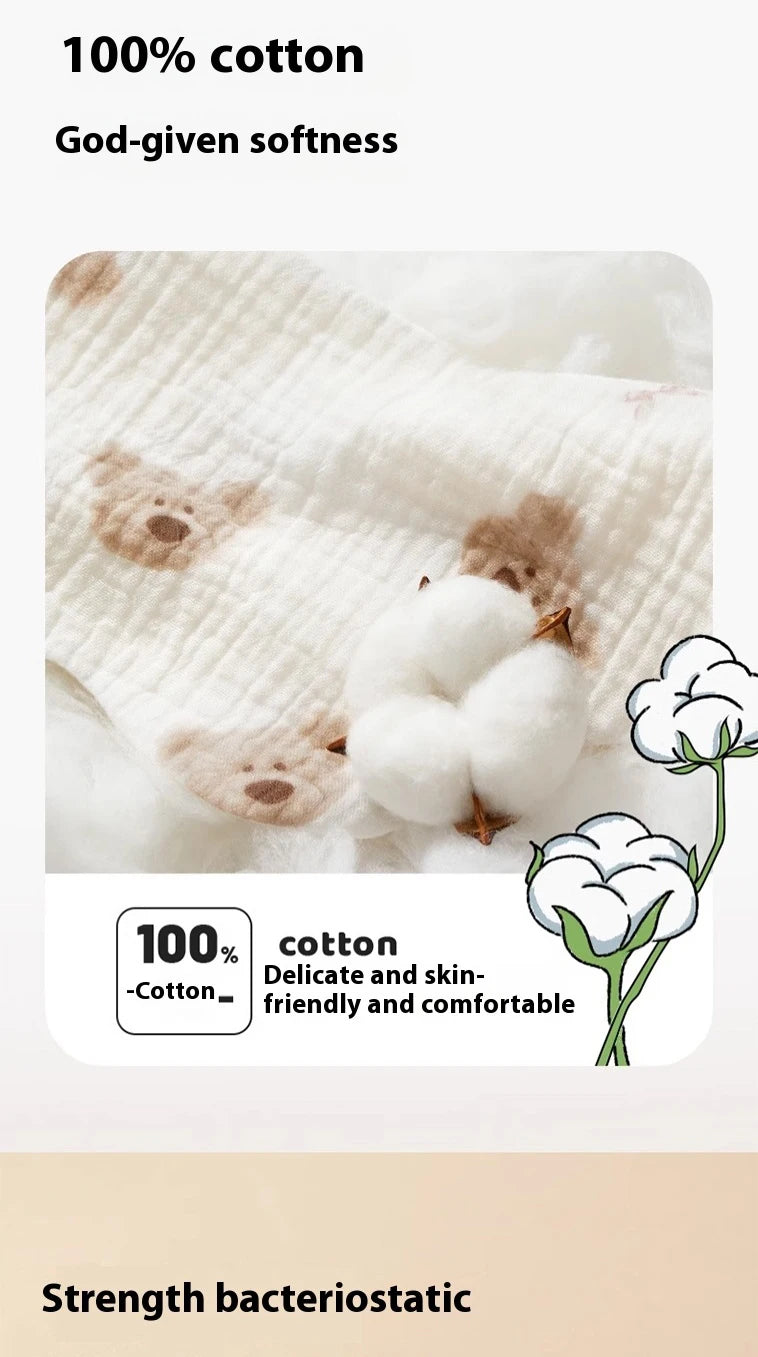 Close-up of soft white cotton gauze fabric with a fluffy cotton ball and text highlighting 100% cotton for gentle use.