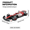 A red 1:8 scale block racing car model with steering and engine linkage components.