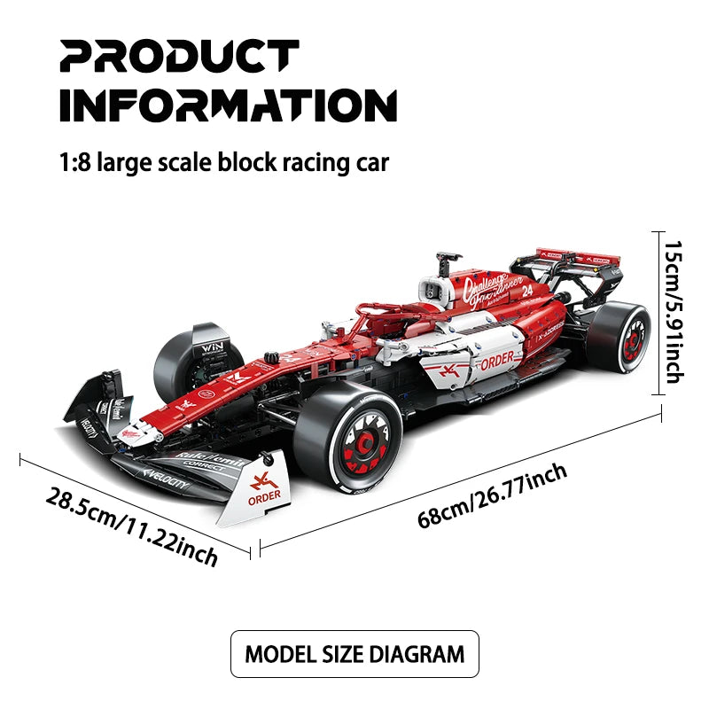 A red 1:8 scale block racing car model with steering and engine linkage components.