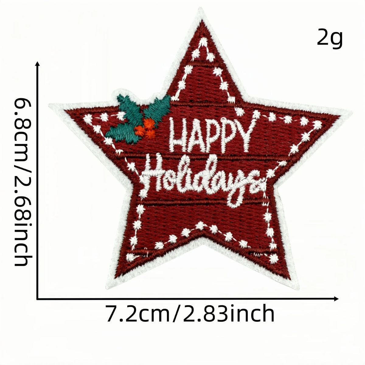 A festive red star iron-on patch with white stitching and green holly decoration, featuring the text HAPPY HOLIDAYS.