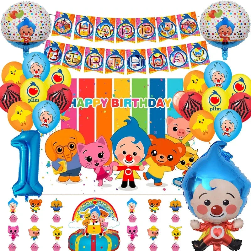 Colorful balloon party decorations featuring circus clowns and balloons for a child's birthday