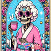 A diamond painting card featuring a skull woman design with white hair holding a pink cup and wearing a pink robe.