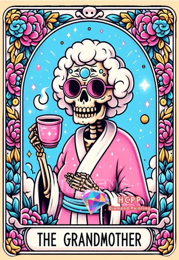 A diamond painting card featuring a skull woman design with white hair holding a pink cup and wearing a pink robe.