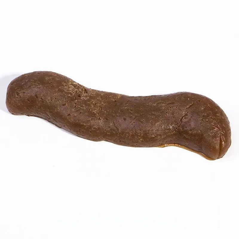 A realistic, brown, squishy prank toy shaped like fake poop.