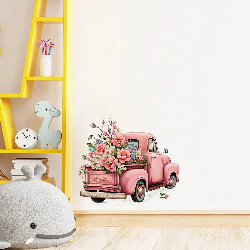 A pink floral truck wall sticker featuring pink flowers and a white paint finish on a light background.
