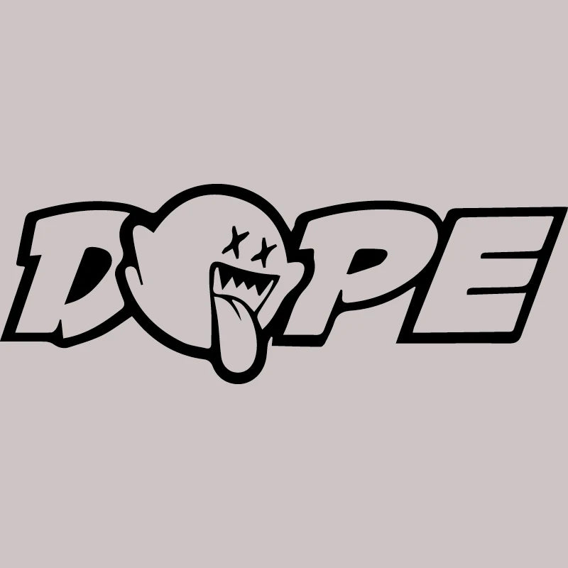 A black and white graphic design featuring the word DOPE with a tongue sticking out.