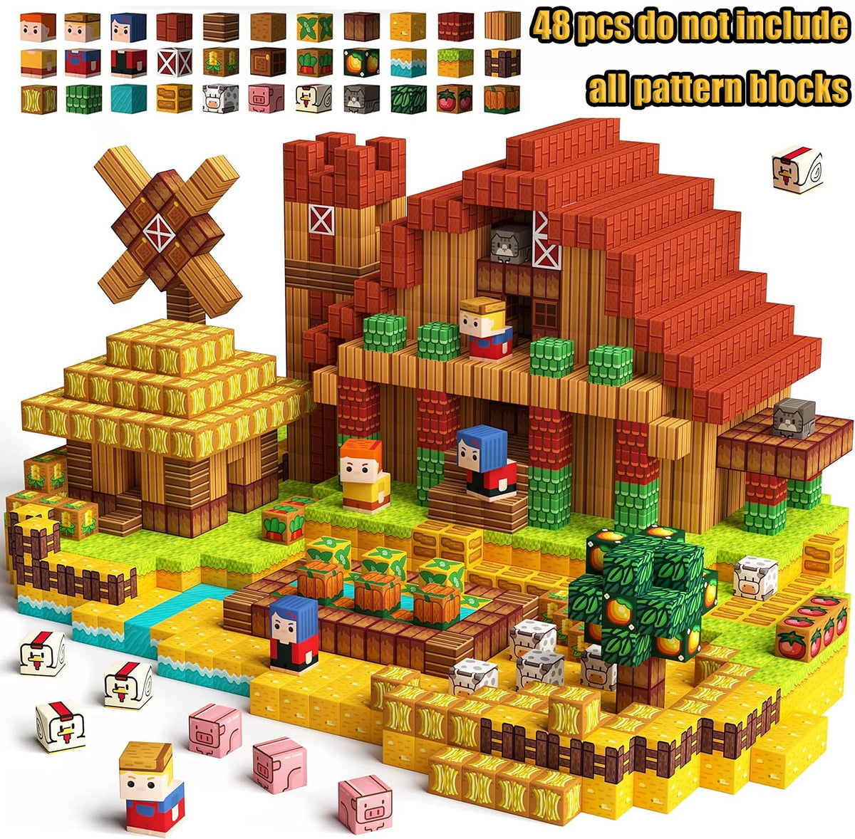 A set of magnetic building blocks for constructing a castle, featuring various colored and shaped pieces.