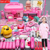 A pink kids doctor role play kit featuring various medical tools, including a stethoscope and plastic instruments.
