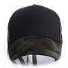 Black trucker hat with a camouflage front and mesh back