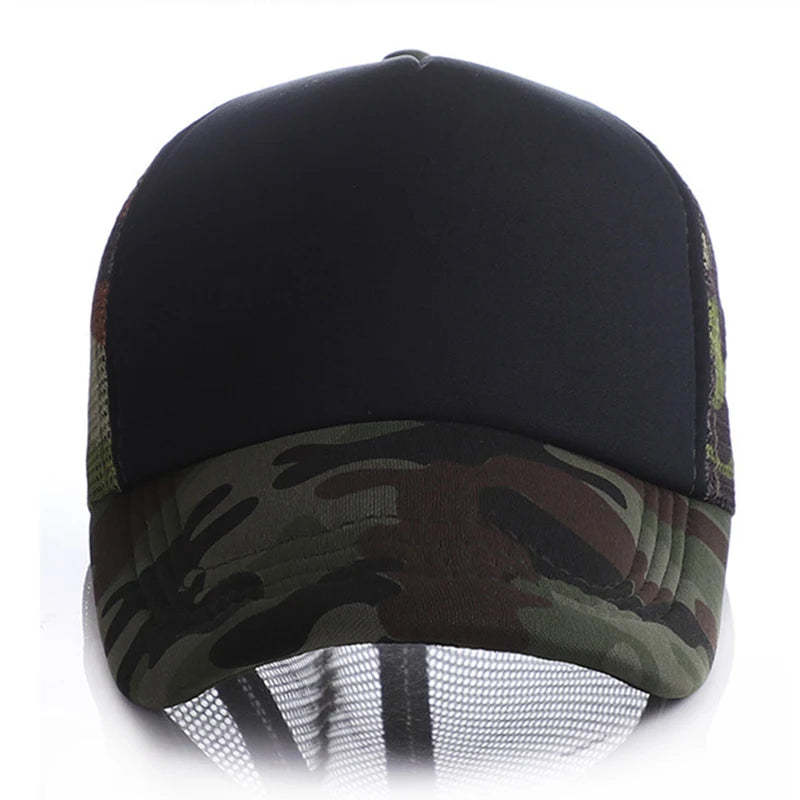 Black trucker hat with a camouflage front and mesh back