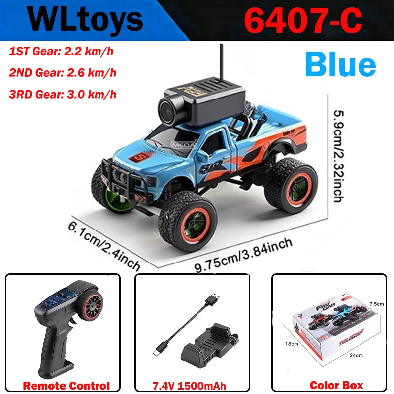 Blue WLtoys 6407-C RC monster truck with FPV camera and remote control accessories