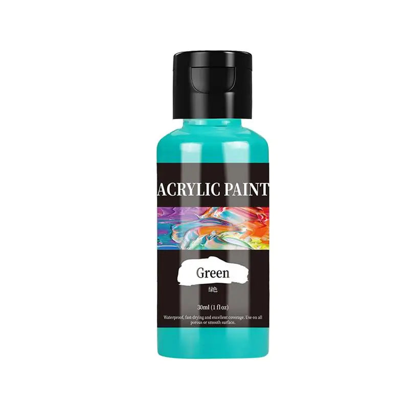 A dark green bottle of acrylic paint with a black cap and label.