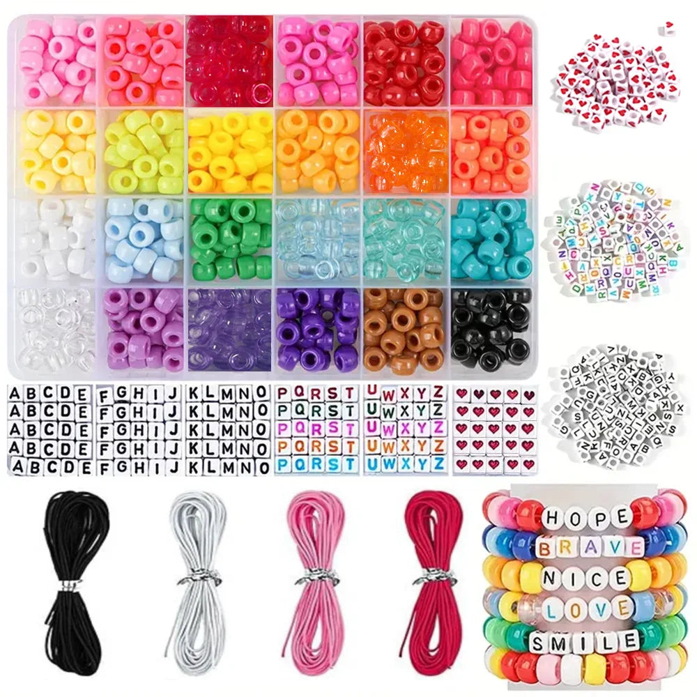 DIY bracelet making kit featuring various letter and pony beads in multiple colors and shapes