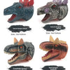 A set of five realistic dragon hand puppets in various colors including blue, grey, and yellow.
