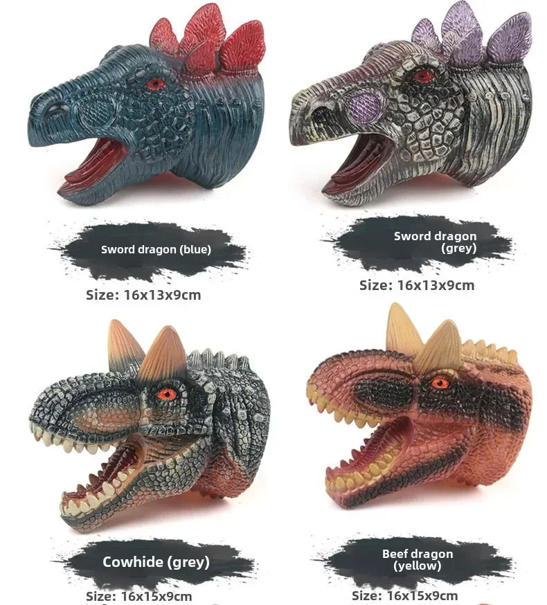 A set of five realistic dragon hand puppets in various colors including blue, grey, and yellow.