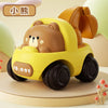 A yellow bear-themed push and go friction car toy for babies with a brown bear figure.