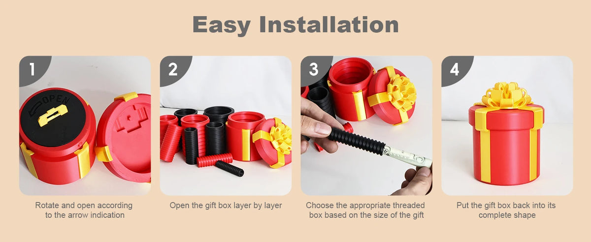 Four steps showing how to easily install nested screw gift boxes for cash and gifts