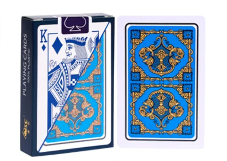 A box of playing cards featuring a King of Spades design with a purple spade symbol.