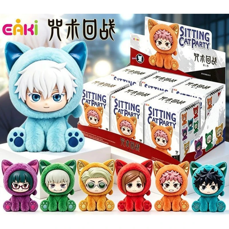A collection of plush cat sitting pendants featuring characters from Jujutsu Kaisen in various colors and poses.