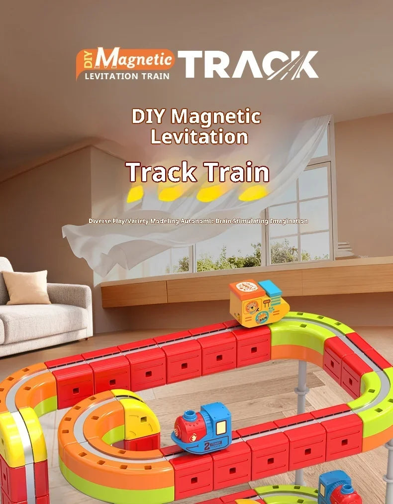 DIY Magnetic Levitation Track Train set featuring colorful magnetic rails and train components.