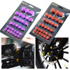 A set of decorative screw covers for motorcycle parts, featuring red and purple caps.