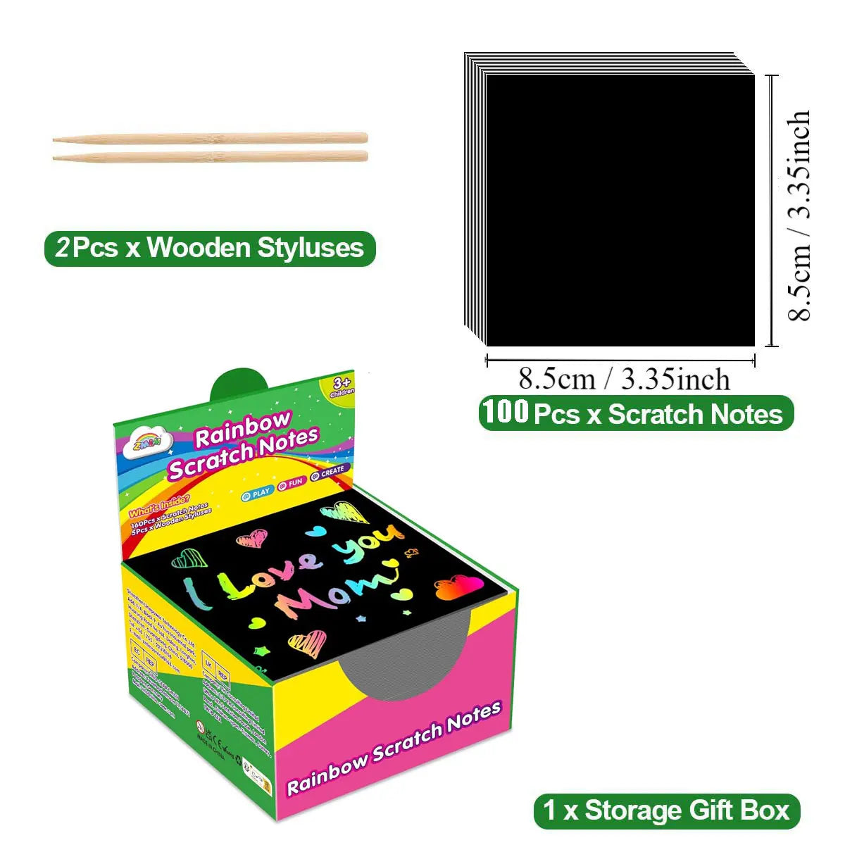 A set of rainbow scratch notes, wooden styluses, and a storage gift box for kids DIY craft.