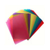A fan of transparent colored PVC sheets showing a gradient of bright colors from pink to green.