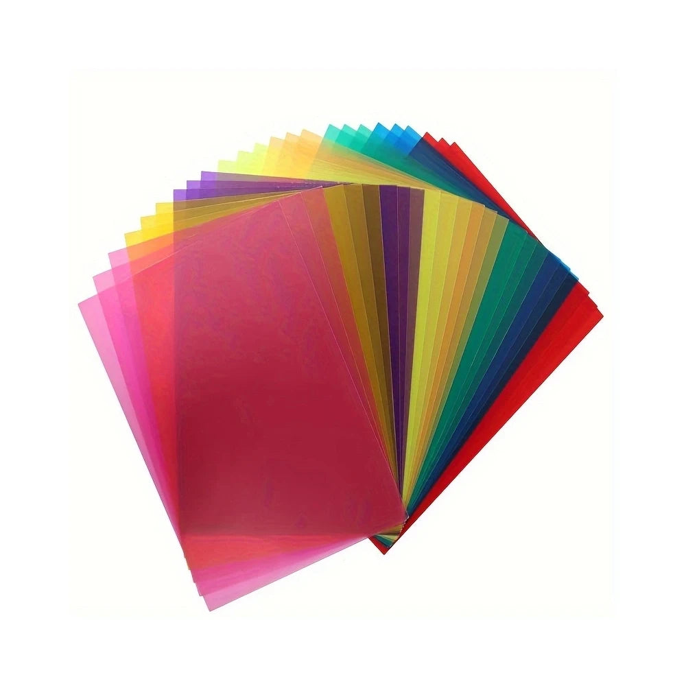A fan of transparent colored PVC sheets showing a gradient of bright colors from pink to green.