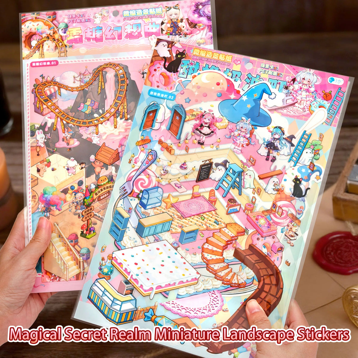A hand holds a sheet of magical secret realm miniature landscape stickers featuring colorful fantasy scenes and architecture.