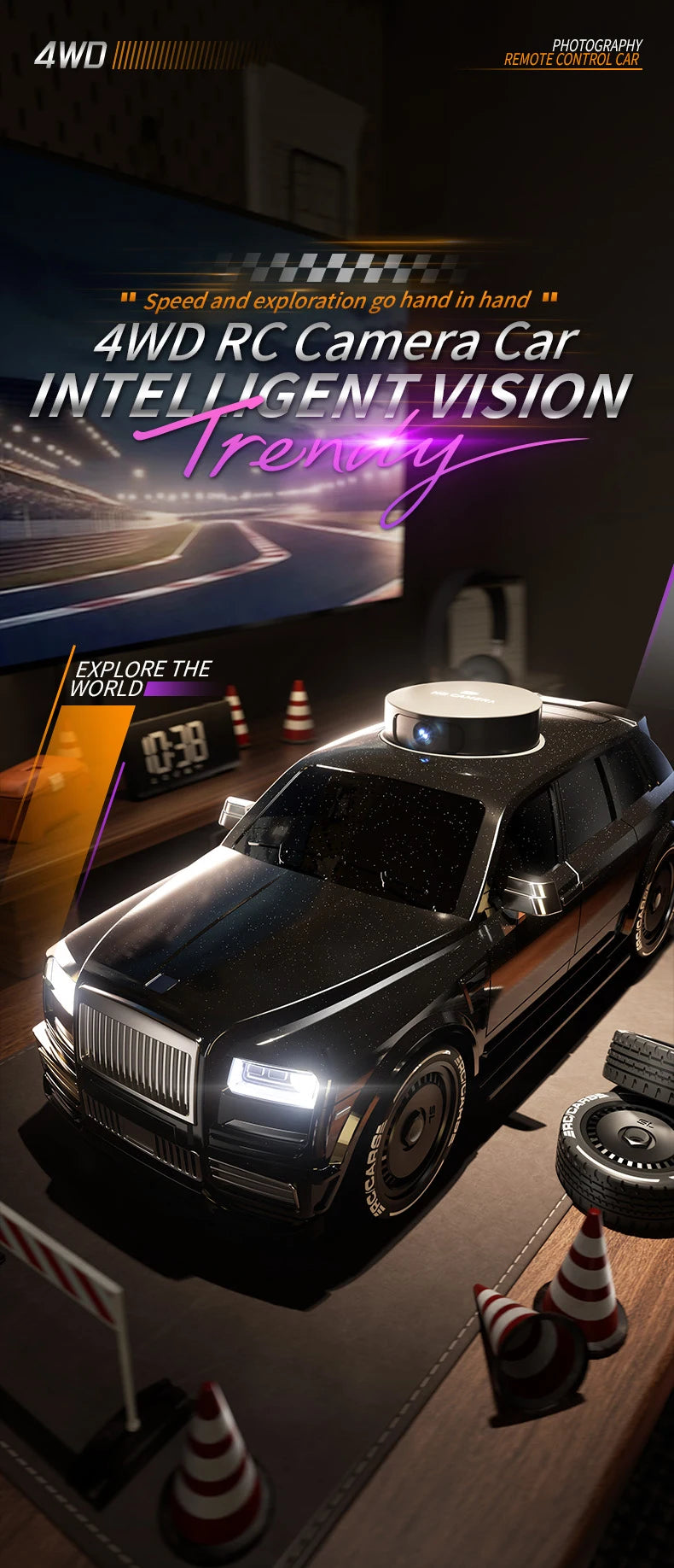 A black 4WD RC camera car is shown on a surface with various racing-themed objects and an FPV monitor displaying a time.