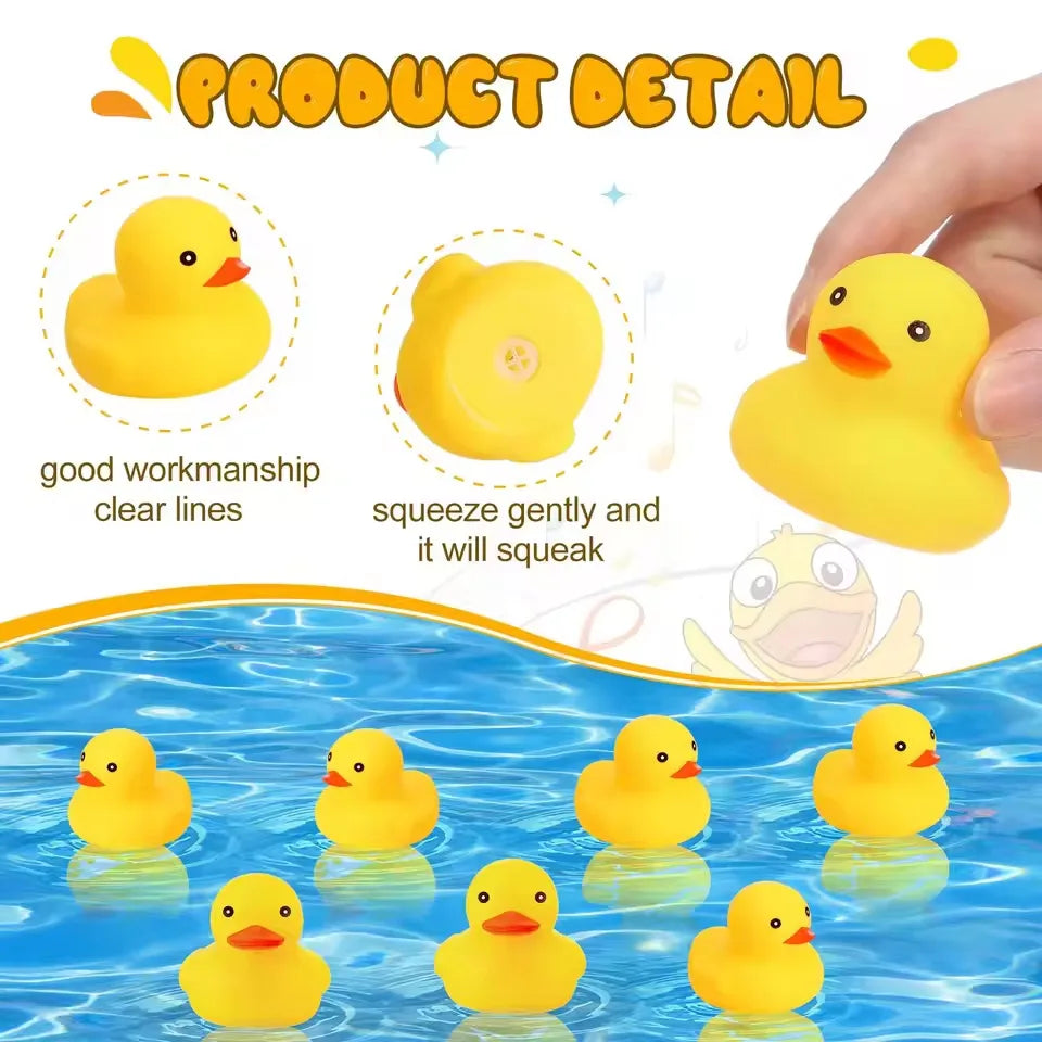 A yellow silicone squeaky duck toy floating in blue water.