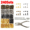 A set of double cap rivets, various installation tools, and pliers for leathercraft and DIY projects.