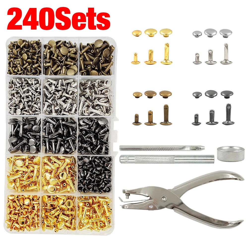 A set of double cap rivets, various installation tools, and pliers for leathercraft and DIY projects.