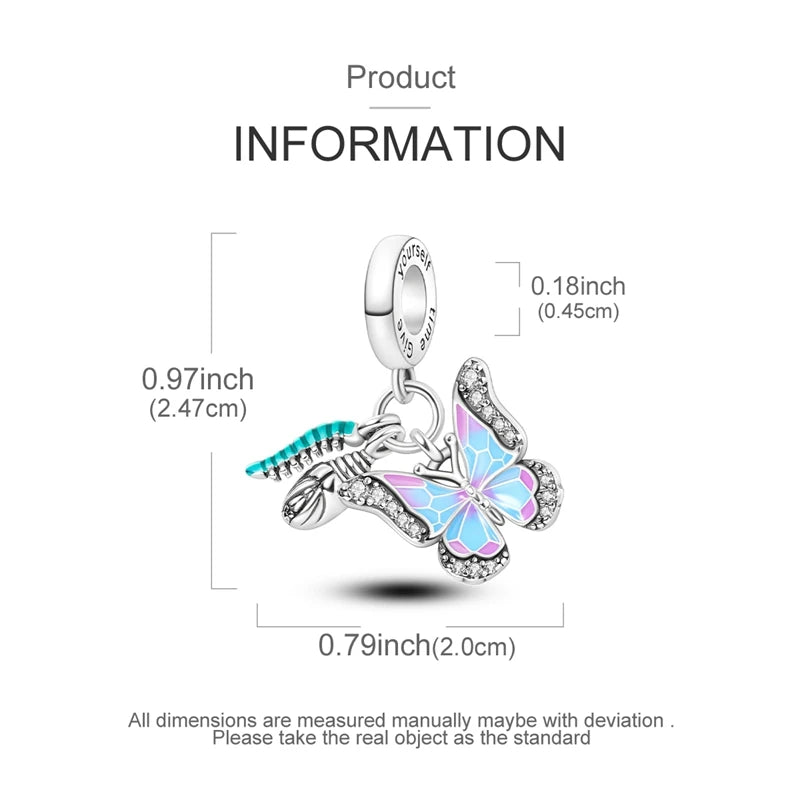 A silver heart charm for bracelets and necklaces featuring a butterfly design.