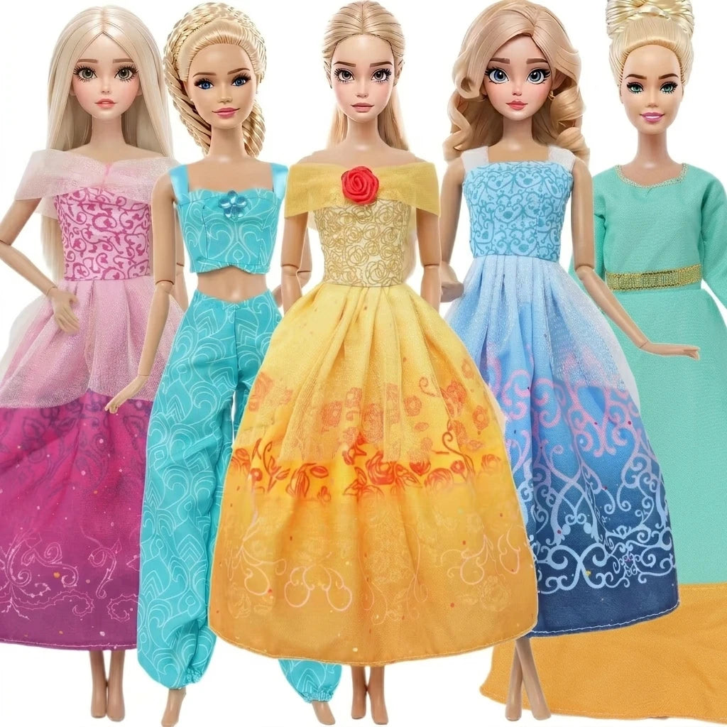 A set of five handmade casual doll outfits for 1/6 scale dolls featuring various pastel and bright colored dresses.