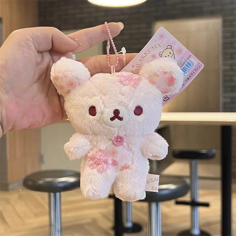 Cherry Blossom Lazy Bear Plush Keychain Charm